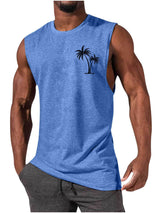 Coconut Tree Embroidery Vest Summer Beach Tank Tops Workout Muscle Men Sports Fitness T-Shirt