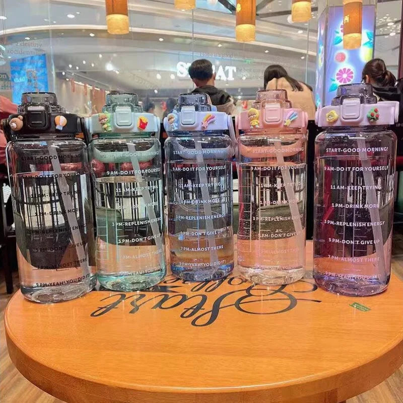 2 Liter Water Bottle with Straw Female Jug Girls Portable Travel Bottles Fitness Bike Cup Summer Cold Water Jug with Time Marker