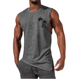 Coconut Tree Embroidery Vest Summer Beach Tank Tops Workout Muscle Men Sports Fitness T-Shirt