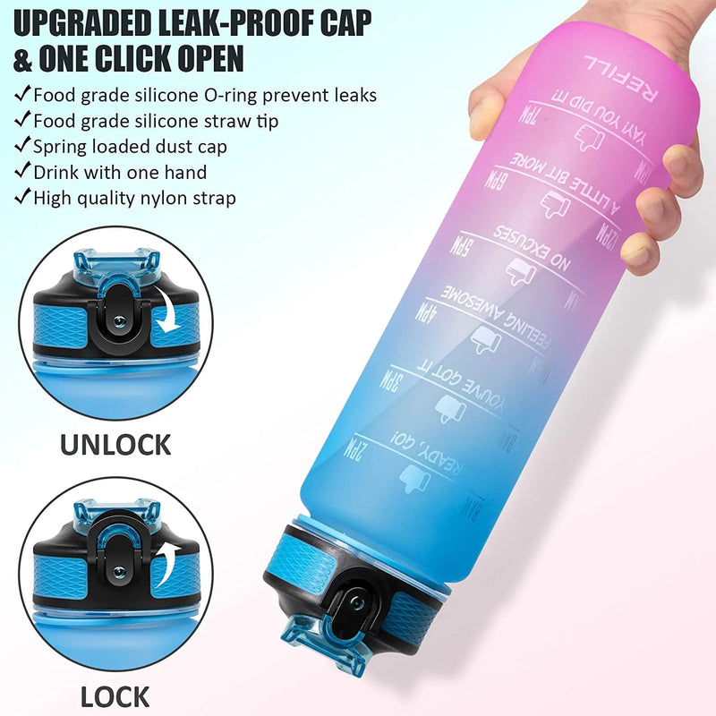 Motivational Tritan Reusable Water Bottle 32Oz with Flip Top, Straw & Time Marker, BPA Free, Black+White