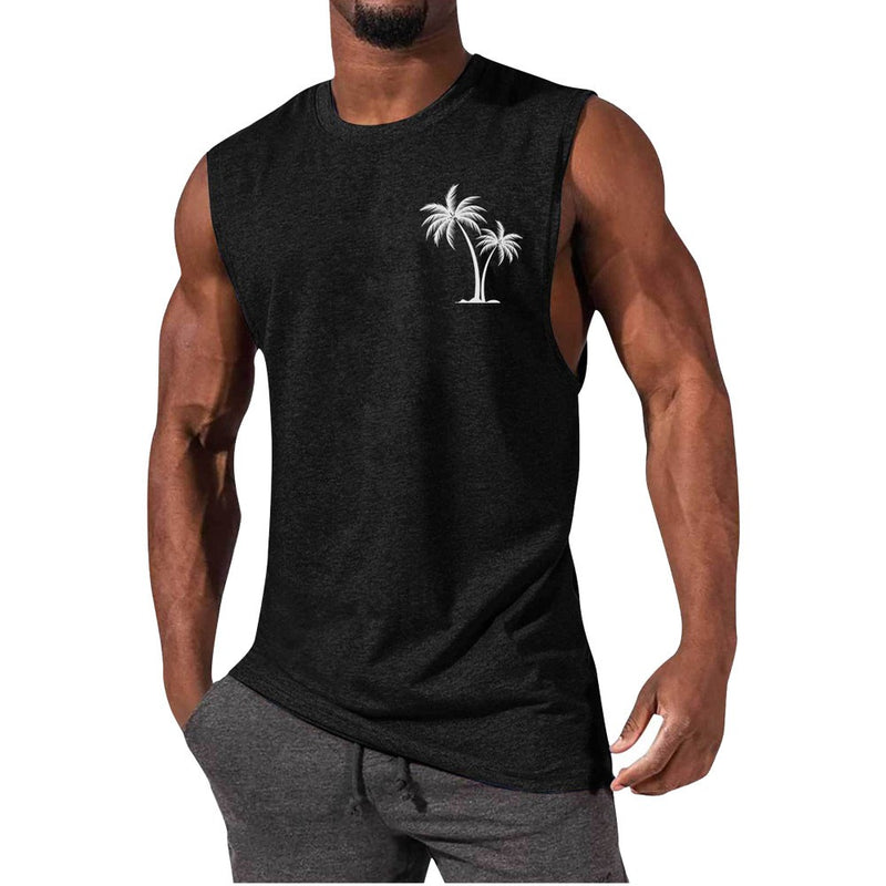 Coconut Tree Embroidery Vest Summer Beach Tank Tops Workout Muscle Men Sports Fitness T-Shirt