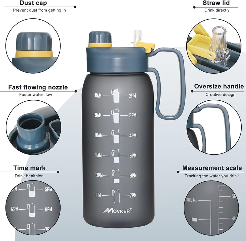 Half Gallon 64Oz Water Bottle | Reusable Tritan Plastic Water Jug | with Straw Lid & Motivational Measurement Marker | Hiking Fitness