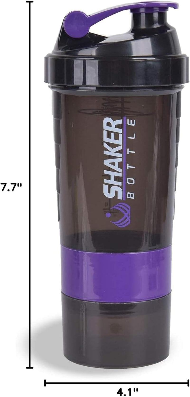 Protein Shaker Bottle - Sports Water Bottle - Non Slip 3 Layer Twist off 3Oz Cups with Pill Tray - Leak Proof Shake Bottle Mixer- Protein Powder 16 Oz Shake Cup with Storage Purple