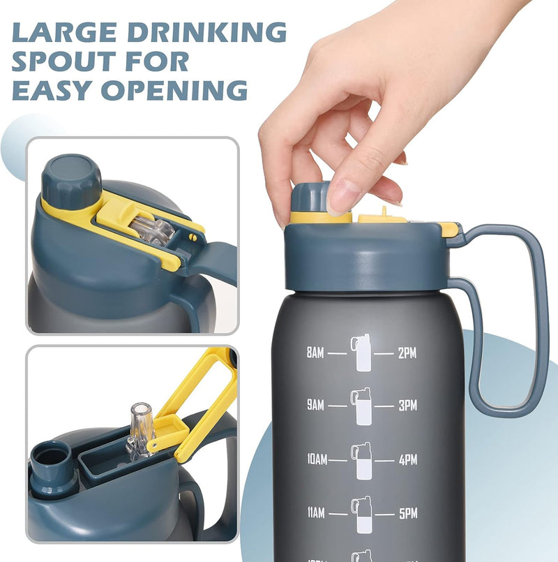 Half Gallon 64Oz Water Bottle | Reusable Tritan Plastic Water Jug | with Straw Lid & Motivational Measurement Marker | Hiking Fitness