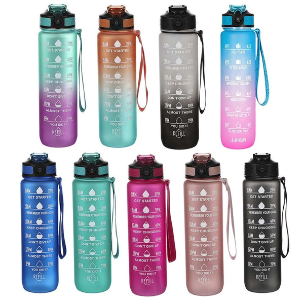Motivational Tritan Reusable Water Bottle 32Oz with Flip Top, Straw & Time Marker, BPA Free, Black+White