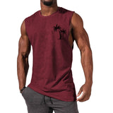 Coconut Tree Embroidery Vest Summer Beach Tank Tops Workout Muscle Men Sports Fitness T-Shirt