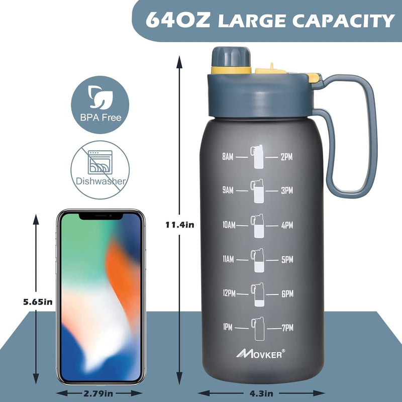 Half Gallon 64Oz Water Bottle | Reusable Tritan Plastic Water Jug | with Straw Lid & Motivational Measurement Marker | Hiking Fitness