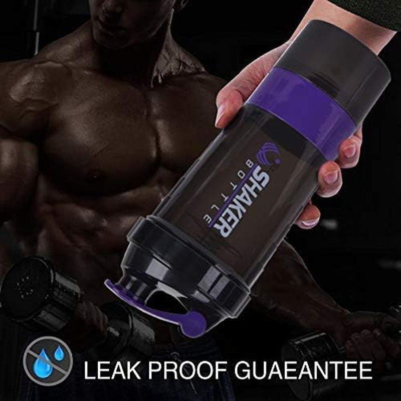 Protein Shaker Bottle - Sports Water Bottle - Non Slip 3 Layer Twist off 3Oz Cups with Pill Tray - Leak Proof Shake Bottle Mixer- Protein Powder 16 Oz Shake Cup with Storage Purple