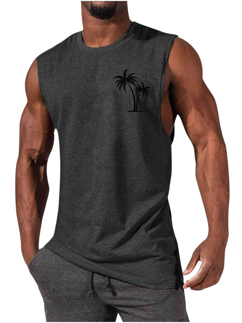 Coconut Tree Embroidery Vest Summer Beach Tank Tops Workout Muscle Men Sports Fitness T-Shirt