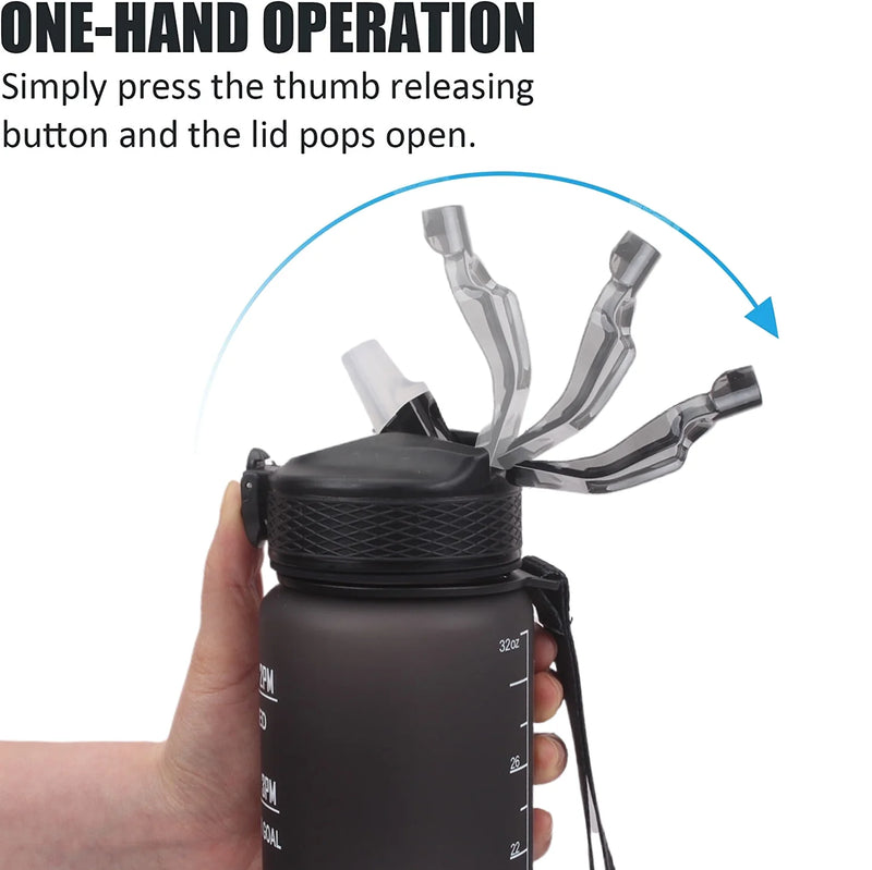 Motivational Tritan Reusable Water Bottle 32Oz with Flip Top, Straw & Time Marker, BPA Free, Black+White