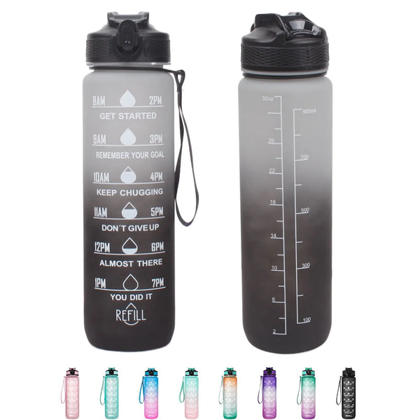 Motivational Tritan Reusable Water Bottle 32Oz with Flip Top, Straw & Time Marker, BPA Free, Black+White