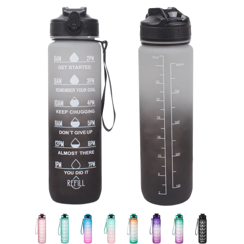 Motivational Tritan Reusable Water Bottle 32Oz with Flip Top, Straw & Time Marker, BPA Free, Black+White