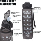 Motivational Tritan Reusable Water Bottle 32Oz with Flip Top, Straw & Time Marker, BPA Free, Black+White