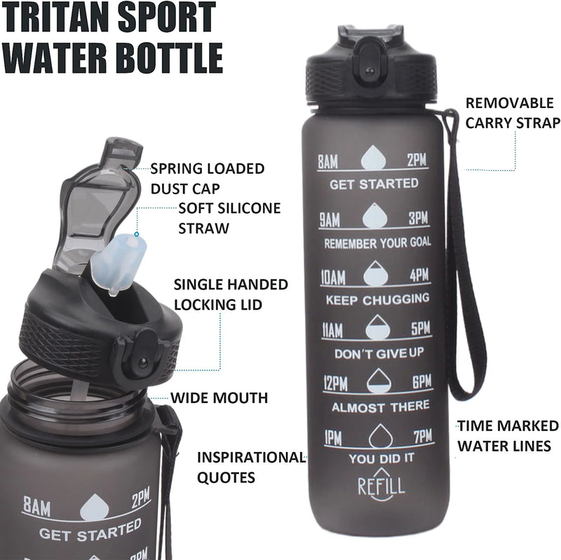 Motivational Tritan Reusable Water Bottle 32Oz with Flip Top, Straw & Time Marker, BPA Free, Black+White