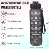 Motivational Tritan Reusable Water Bottle 32Oz with Flip Top, Straw & Time Marker, BPA Free, Black+White