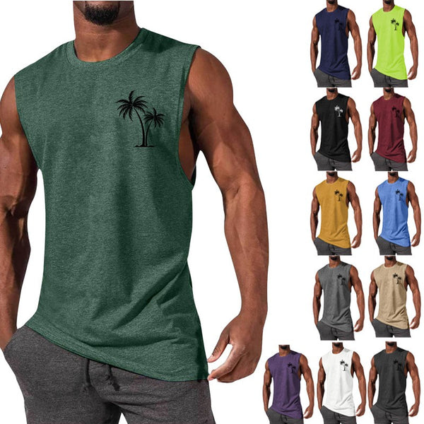 Coconut Tree Embroidery Vest Summer Beach Tank Tops Workout Muscle Men Sports Fitness T-Shirt