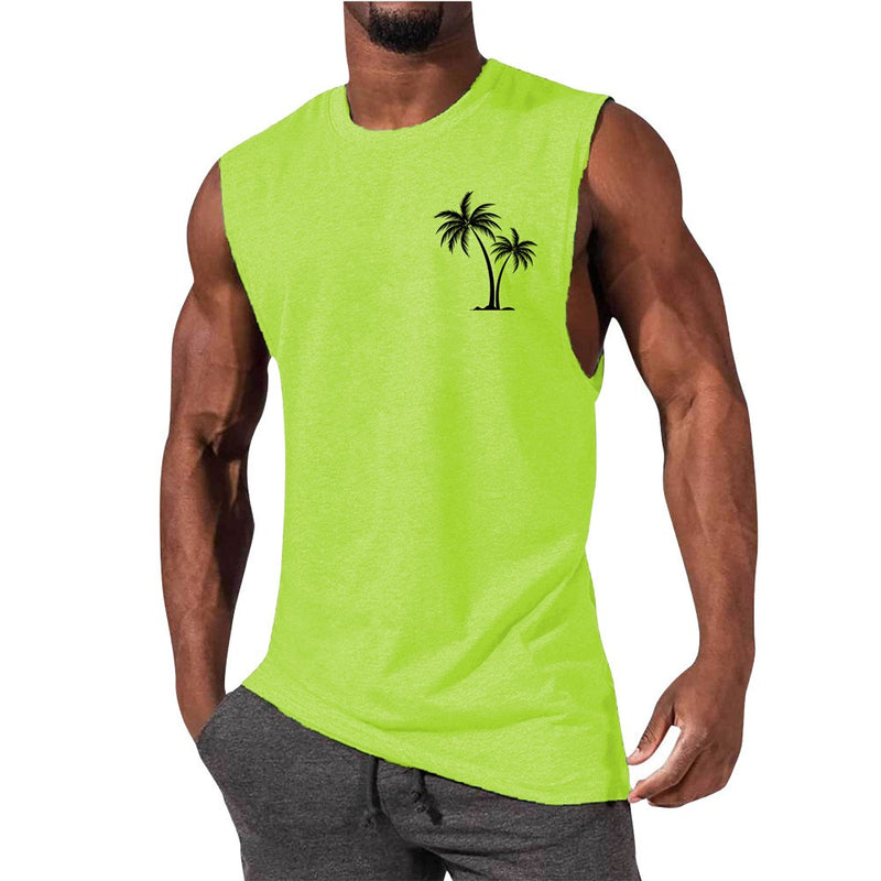 Coconut Tree Embroidery Vest Summer Beach Tank Tops Workout Muscle Men Sports Fitness T-Shirt