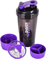 Protein Shaker Bottle - Sports Water Bottle - Non Slip 3 Layer Twist off 3Oz Cups with Pill Tray - Leak Proof Shake Bottle Mixer- Protein Powder 16 Oz Shake Cup with Storage Purple