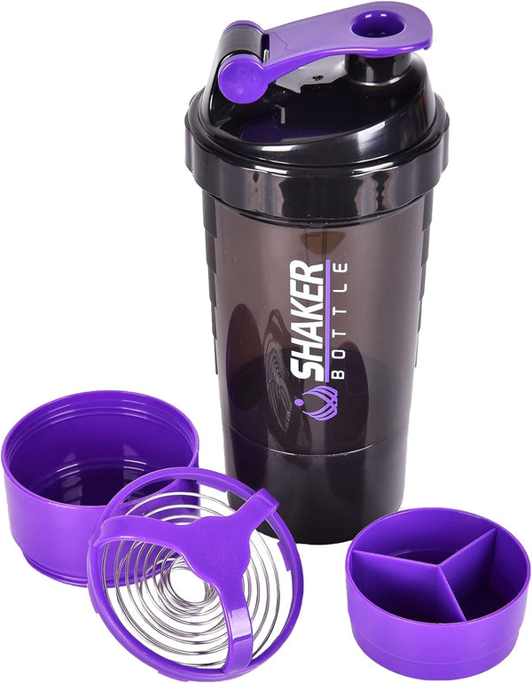 Protein Shaker Bottle - Sports Water Bottle - Non Slip 3 Layer Twist off 3Oz Cups with Pill Tray - Leak Proof Shake Bottle Mixer- Protein Powder 16 Oz Shake Cup with Storage Purple