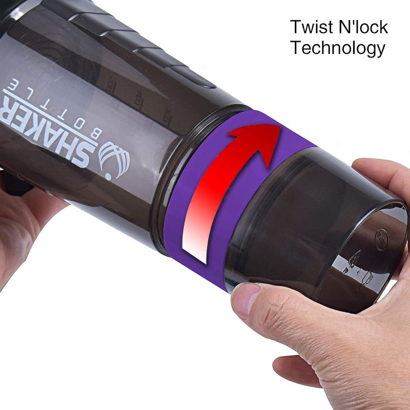 Protein Shaker Bottle - Sports Water Bottle - Non Slip 3 Layer Twist off 3Oz Cups with Pill Tray - Leak Proof Shake Bottle Mixer- Protein Powder 16 Oz Shake Cup with Storage Purple