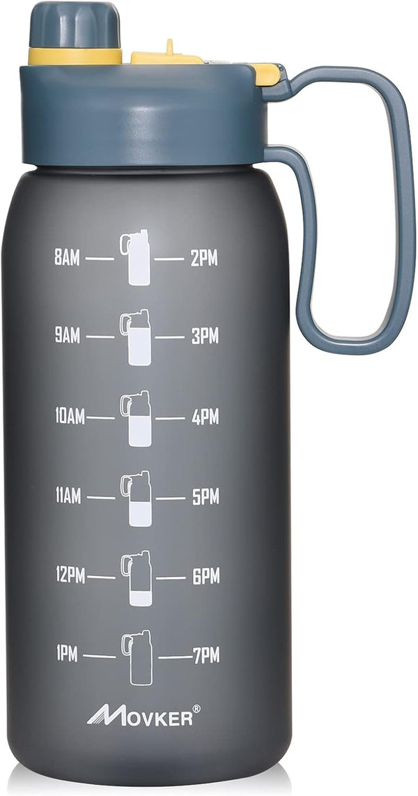 Half Gallon 64Oz Water Bottle | Reusable Tritan Plastic Water Jug | with Straw Lid & Motivational Measurement Marker | Hiking Fitness