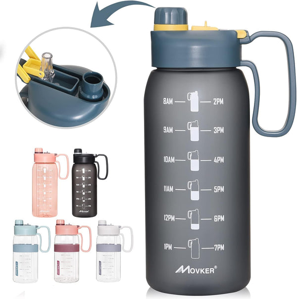Half Gallon 64Oz Water Bottle | Reusable Tritan Plastic Water Jug | with Straw Lid & Motivational Measurement Marker | Hiking Fitness