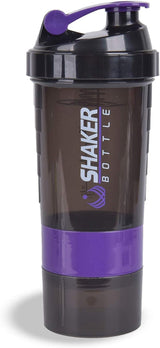 Protein Shaker Bottle - Sports Water Bottle - Non Slip 3 Layer Twist off 3Oz Cups with Pill Tray - Leak Proof Shake Bottle Mixer- Protein Powder 16 Oz Shake Cup with Storage Purple