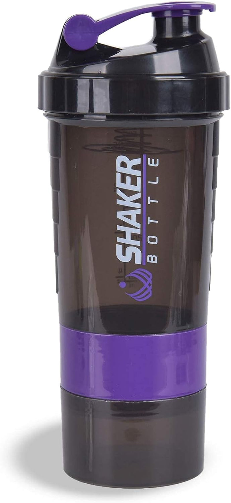 Protein Shaker Bottle - Sports Water Bottle - Non Slip 3 Layer Twist off 3Oz Cups with Pill Tray - Leak Proof Shake Bottle Mixer- Protein Powder 16 Oz Shake Cup with Storage Purple