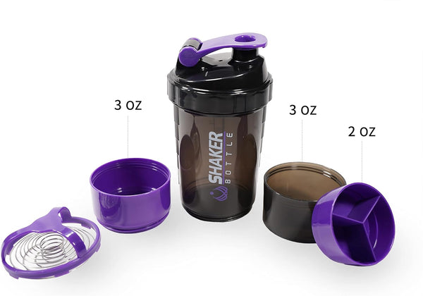 Protein Shaker Bottle - Sports Water Bottle - Non Slip 3 Layer Twist off 3Oz Cups with Pill Tray - Leak Proof Shake Bottle Mixer- Protein Powder 16 Oz Shake Cup with Storage Purple