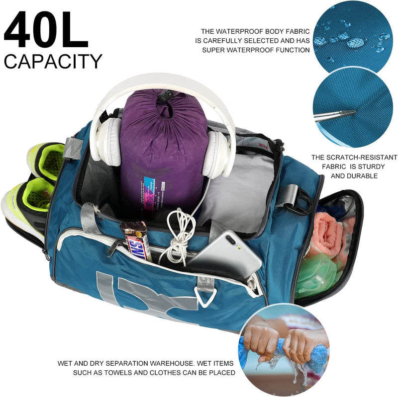 Sports Gym Bag， Travel Duffel Bag with Dry Wet Pocket and Shoe Compartmentfor Women and Men，40L/55L Fitness Waterproof Weekender Bag for Swim Sports Travel Working Out (Blue Gray, 40L)