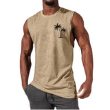Coconut Tree Embroidery Vest Summer Beach Tank Tops Workout Muscle Men Sports Fitness T-Shirt